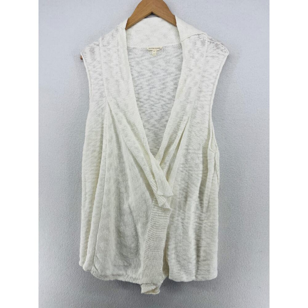 EILEEN FISHER Sweater L Slub Organic Cotton Cardigan Vest Open Front White